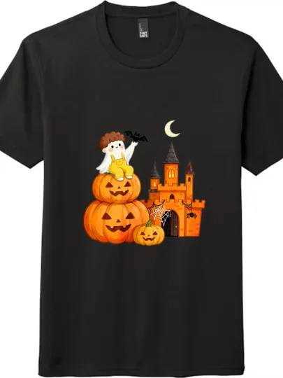 Discover Halloween Cute Ghost & Pumpkin Castle T-shirt | Whimsical Festival Tee