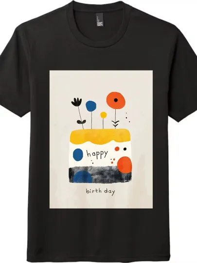 Discover Artistic Birthday Cake Print Tee, Minimalist Creative Birthday-themed -Cartoon