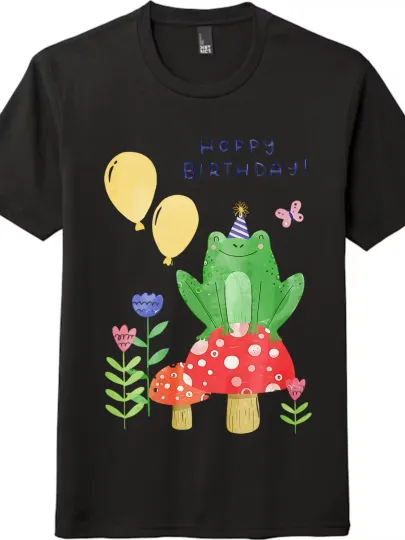 Discover Forest-Style Frog Birthday-Themed Tee - Mushroom and Balloon Elements