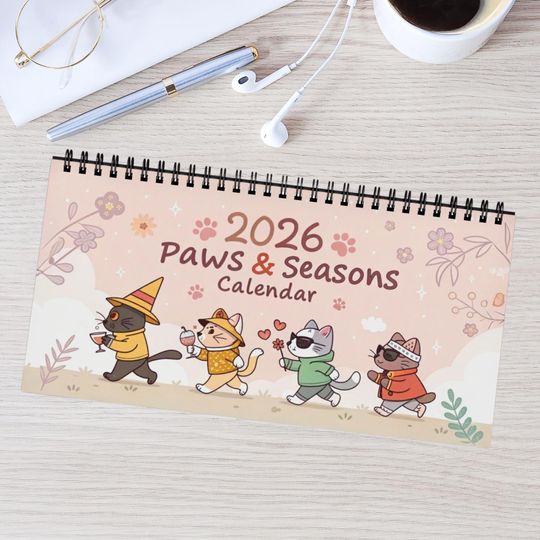 2026 Desktop Calendar Paws & Seasons, Cute Cat Desk Organizer, Animal Lover Gift, Seasonal Home Decor, Cat-themed Calendar
