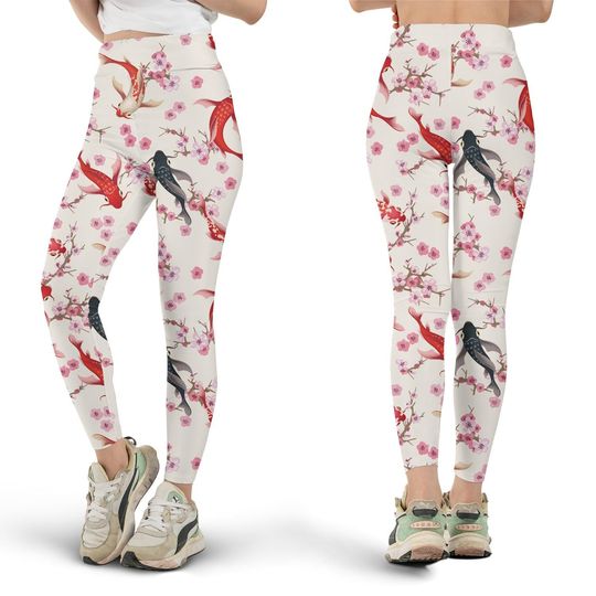 Discover Cherry Blossom & Koi Fish Leggings, Workout Leggings, Gift for Her
