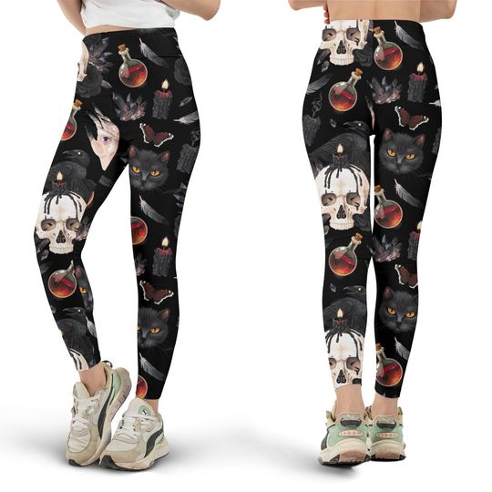 Gothic Cat & Raven Leggings, Workout Leggings, Gift for Her