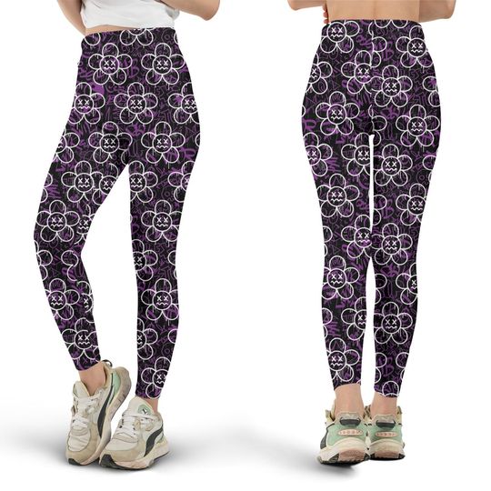 Black Floral Leggings, Workout Leggings, Gift for Her