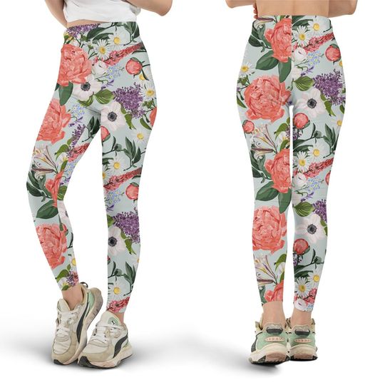 Discover Coral Orange Peony Leggings, All Over Print, Peonies Floral, Cute Workout Leggings, Yoga Pants, Spring Fashion, Gift for Her