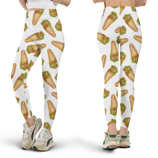 Discover Burrito Pattern Leggings, All Over Print, Burrito Lover Gift, Mexican Food, Foodie Fashion, Funny Leggings, Yoga Pants, Cute Workout