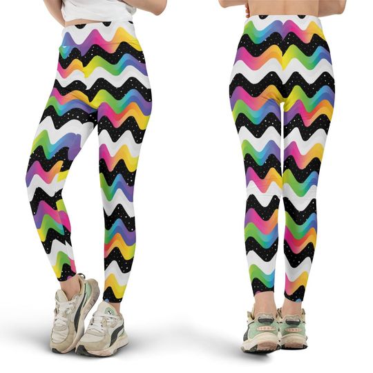 Discover Rainbow Wave Rave Leggings, All Over Print, Psychedelic Print, Colorful Leggings, EDM Festival Outfit, Yoga Pants, Cute Workout Clothes