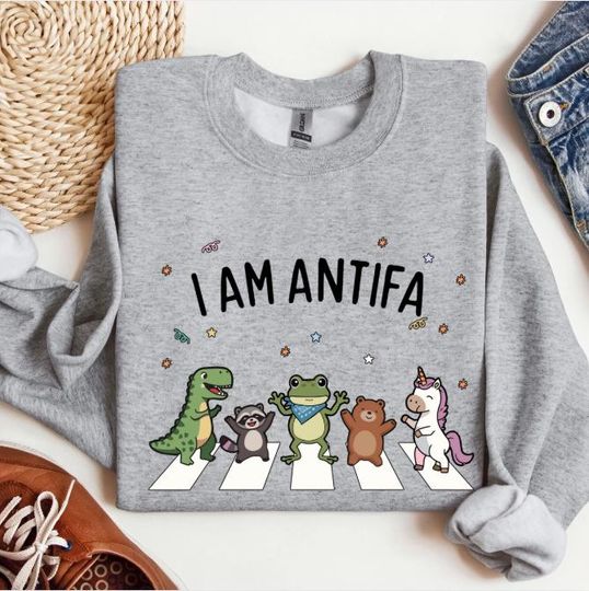 Discover I Am Antifa Fascism Vintage Crewneck Sweatshirt, Inflatable Costume Portland Frog Sweat, Resist Frog, Abolish ICE Anti Protest