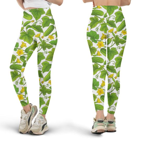 Discover Leafy Cucumber Leggings, All Over Print, Vegetable Print, Cute Leggings, Fun Fashion, Green Leggings, Yoga Pants, Workout Clothes, Gift