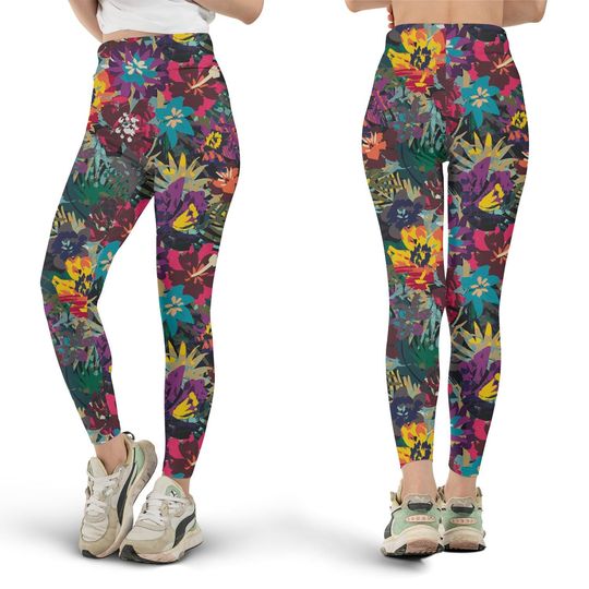Tropical Psychedelic Flowers Leggings, Psychedelic Print, Floral Leggings, Cute Workout Leggings, Yoga Pants