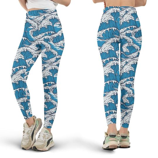 Discover Japanese Sea Wave Leggings, Workout Leggings, Gift for Her