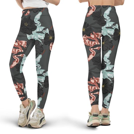 Hand Drawn Snake in Flowers Floral Print Leggings, Workout Leggings, Gift for Her