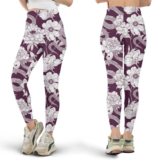 Discover Flowers and Snake Leggings, Workout Leggings, Gift for Her