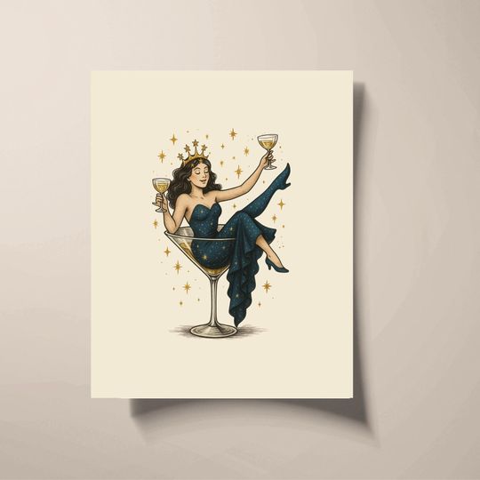 Discover Showgirl Wall Art Print  Glam Cocktail Martini Glass Illustration, Celestial Crowned Woman, Burlesque Vintage Inspired Home Decor, college