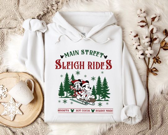 Discover Main Street Sleigh Rides Hoodie, Disney Family Christmas Hoodie, Mickey Minniie Santa Hoodie, Mickey's Very Merry Christmas Hoodie