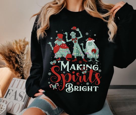 Discover Making Spirits Bright Hitchhiking Ghosts Santa Hat Merry Christmas Haunted Mansion Shirt Family Matching Disney World Sweatshirt