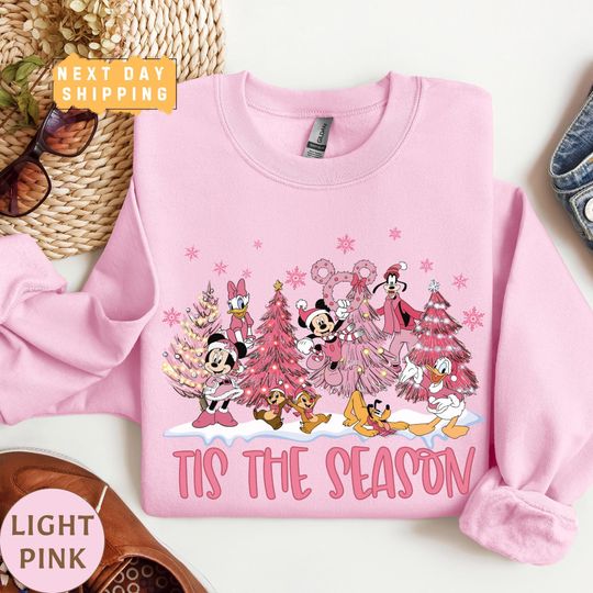Discover Vintage Tis the Season Disney Christmas Sweatshirt, Mickey Friends Pink Christmas Tree Sweater, Family Gift, Xmas Disney Gift for Her