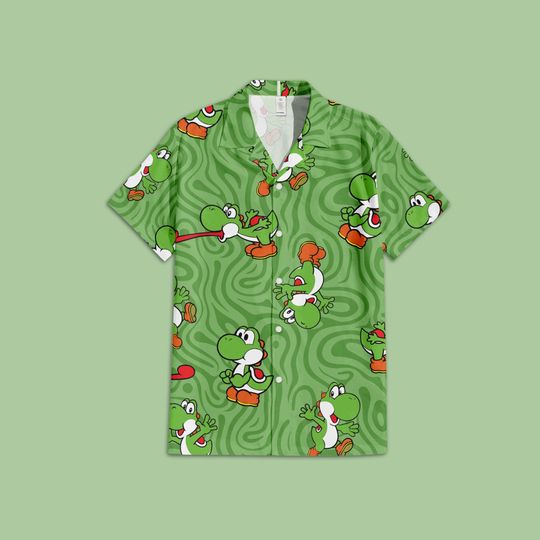 Yoshi Super Mario Swirling Hawaiian Shirt, Yoshi Hawaiian Shirt