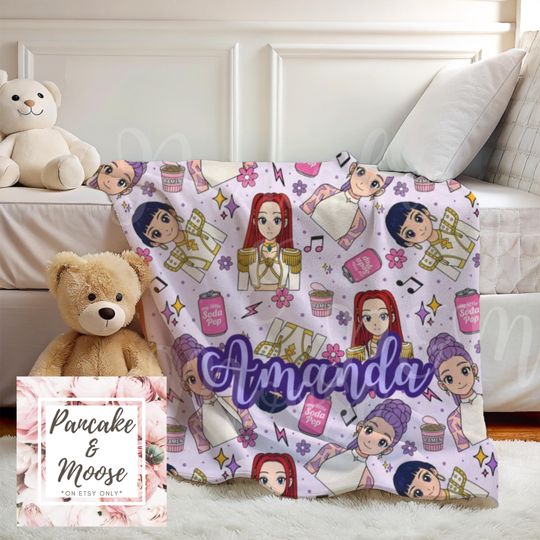 Discover Kpop Demon Hunters custom Blanket, Personalized Name Throw featuring Mira Rumi Zoey and Derby