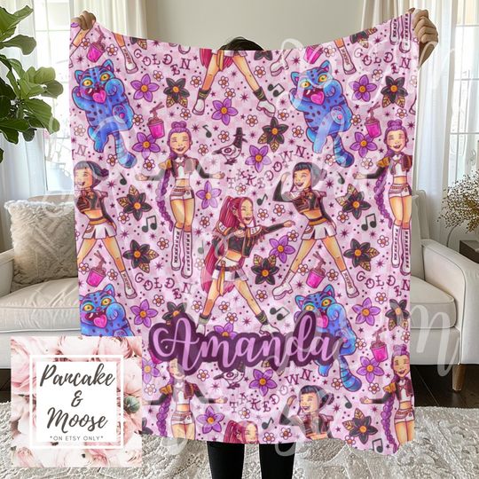 Discover Personalized Kpop Demon Hunters Blanket, Custom Name Throw with Golden Era Cheer Outfit Design, Cozy Fandom Blanket Gift