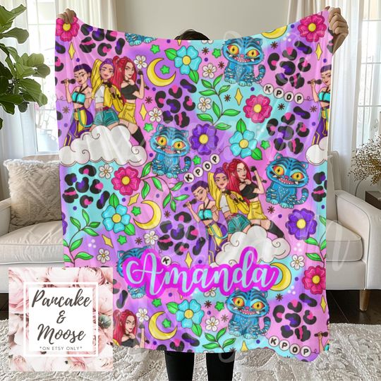 Discover Personalized Kpop Blanket with Cute Demon Tiger Design, Soft Velveteen Minky Throw with Custom Name, Leopard Print and Bright colors