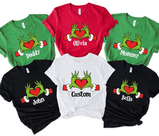 Discover Custom Christmas Family Tshirt, Matching Christmas Movie Shirt, Personalized Green Hand Heart Shirt, Christmas Family Xmas  Gift