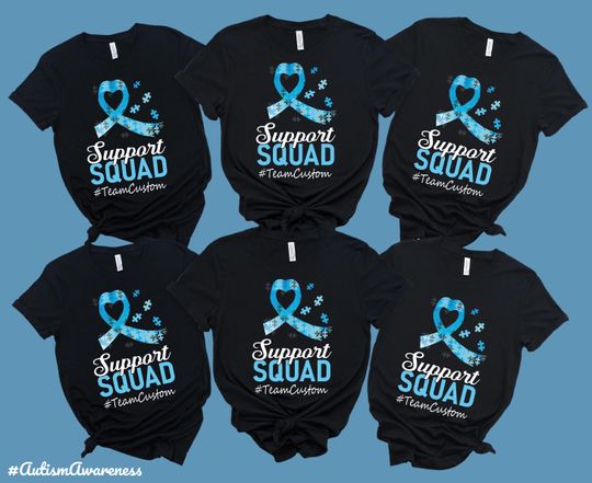 Discover Customizable Autism Awareness Tee: Blue Ribbon Support Squad