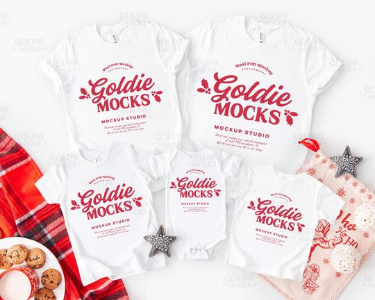 Discover Bella Canvas Family White Shirt Mockup | Christmas BC 3001 3001Y 3001T 100B White Mock | Real Photo | Trendy Matching Tshirts Group Flatlay