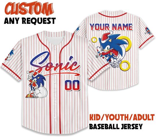 Discover Custom Christmas Sonic The Hedgehog Baseball Jersey, Personalized Number & Name Sonic Christmas Jersey, Christmas Birthday gift for Kids
