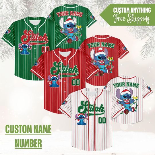 Discover Custom Disney Stitch Christmas Baseball Jersey, Personalized Lilo And Stitch Baseball Team Jersey Birthday Christmas Fans Family Party Shirt