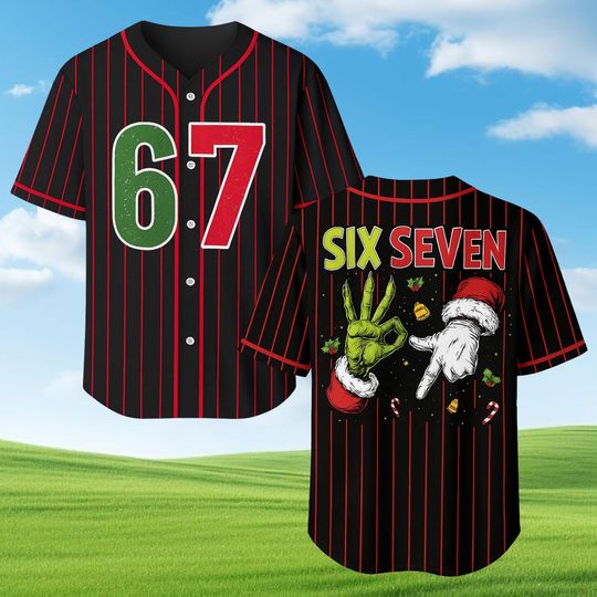 Discover 6 7 Christmas Baseball Jersey, Funny Matching Shirt, Trendy Tiktok Christmas Party Shirt, 67 Trend, Six Seven Meme Santa Shirt Xmas Tee