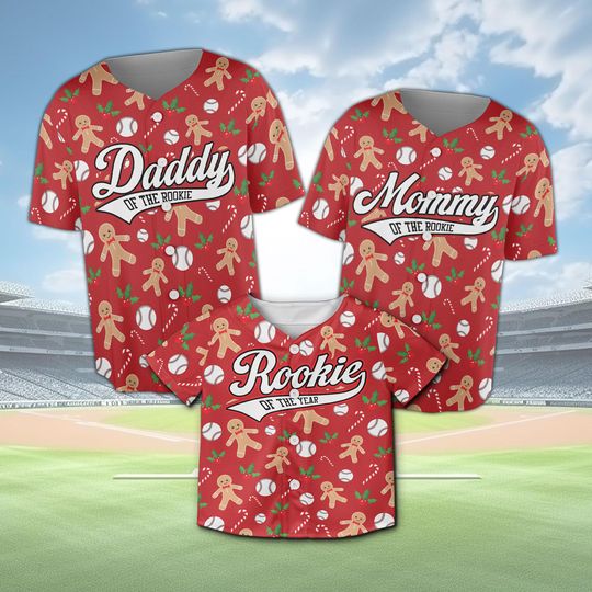 Discover Family Matching Christmas Baseball Jersey Set, Daddy Mommy Rookie Gingerbread Pattern, Personalized Rookie Of The Year Baseball Jersey