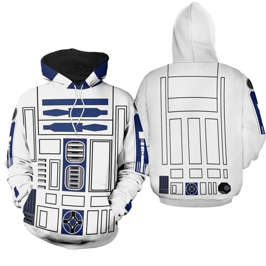 R2-D2 Robot 3D Halloween Costume Hoodie, Star Wars Cosplay Costume Hoodie, Robot Character Halloween Party Outfit, All Over Print Hoodie