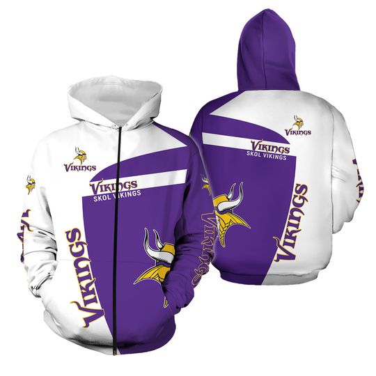 Minnesota Vikings Hoodies Full Zip Sweatshirts Sports Hooded Casual Jacket Coat
