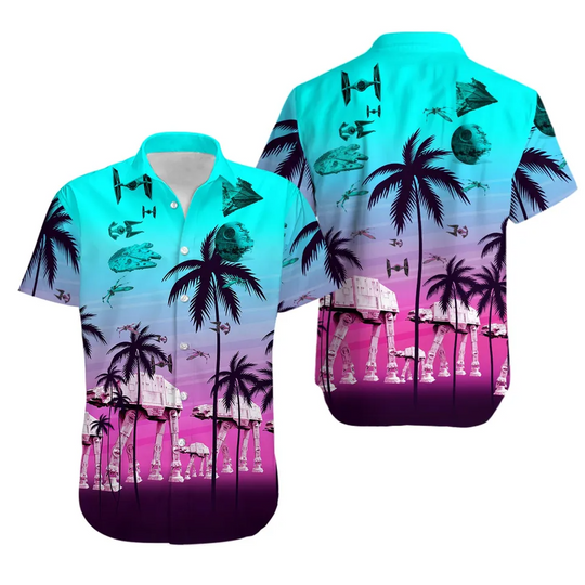 Space Battle Star Wars Button Shirt, Disney Movie Hawaiian Shirt, Sci fi Shirt, Galaxy's Edge Summer Shirt, Disney Family Shirt For Men