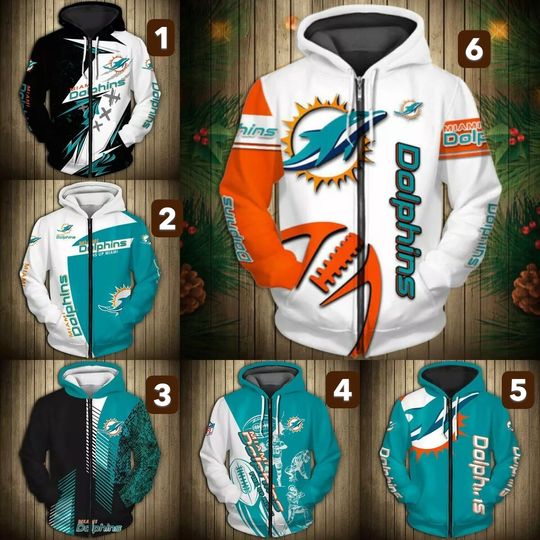 Miami Dolphins Men's Zip Hoodie Sweatshirts Casual Jacket Hooded Coat Tops Gifts
