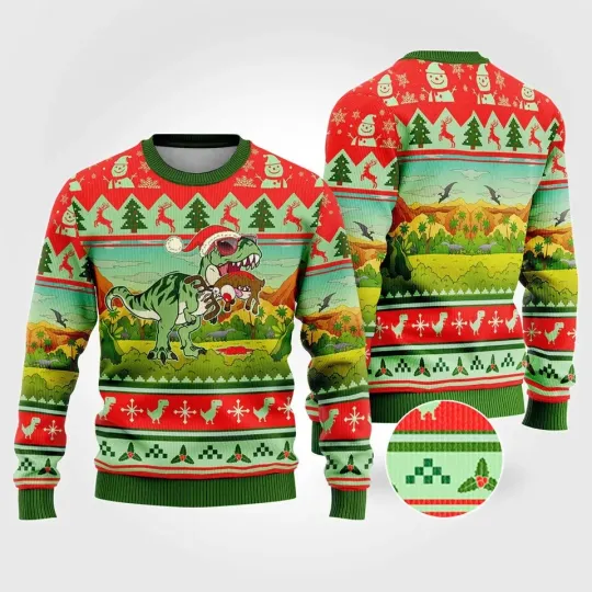 Discover BG T-Rex Eating Reindeer Jumper Ugly Christmas Sweater
