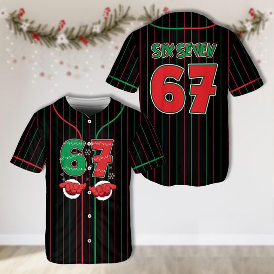 Discover Funny Christmas Six Seven Meme Baseball Jersey, Trending 67 Hand Christmas Jersey, Christmas Santa 67 Gift, Festive Matching Xmas Costume