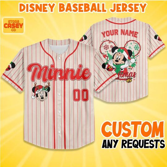Discover Custom Disney Winter Christmas Minnie Baseball Jersey, Custom Disneyland Jersey, Baseball Team, Mickey Mouse Birthday, Gift for Disney Fans