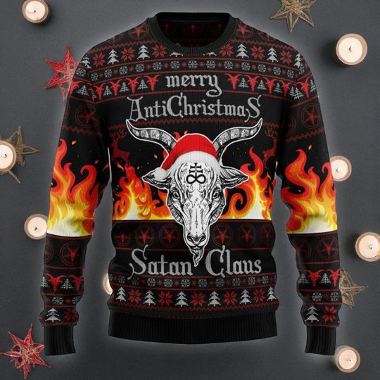 Discover Satanic Claus Merry Christmas Hail Satanic Ugly Christmas Sweater, goat head hat sweater