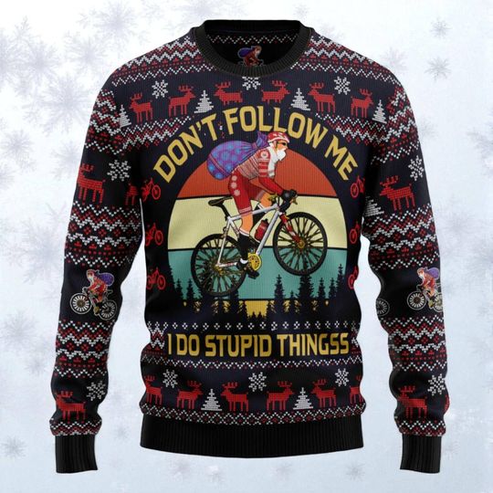 Satan Claus Cycling on Mountain Bike Ugly Christmas Sweater, Santa Loves Biking, Holiday Gift