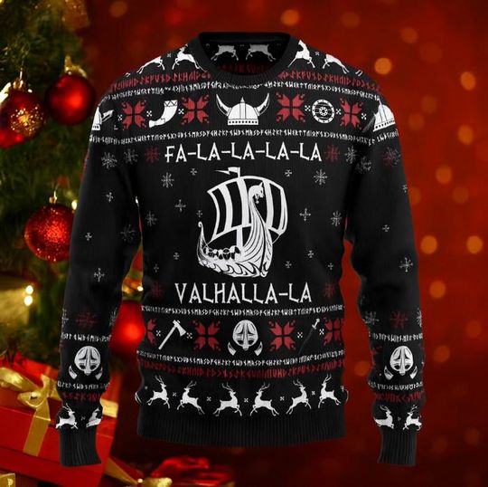 Valhalla Viking Ugly Christmas Sweater, Christmas Party Sweaters, Funny Holiday Sweater, Warm Winter Sweaters