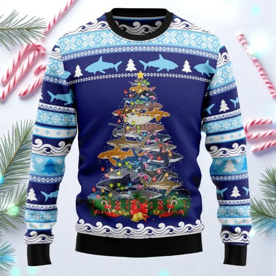 Discover Ugly Christmas Sweater with Shark Christmas Tree,Christmas Sweater with Shark and Christmas Tree