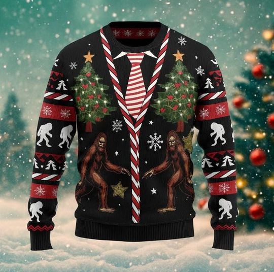 Discover Vintage Ugly Bigfoot Christmas Sweater, Snowman and Christmas Tree Sweater, Christmas sweater