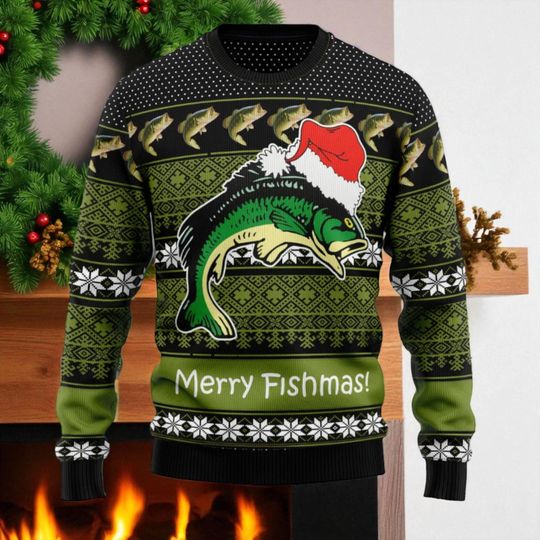 Merry Fishmas Ugly Christmas Sweater, Fish in Christmas Hat, Fish Lover Sweater