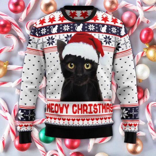 Discover Ugly Christmas Meowy Sweater, Cat in a Christmas Hat Sweater
