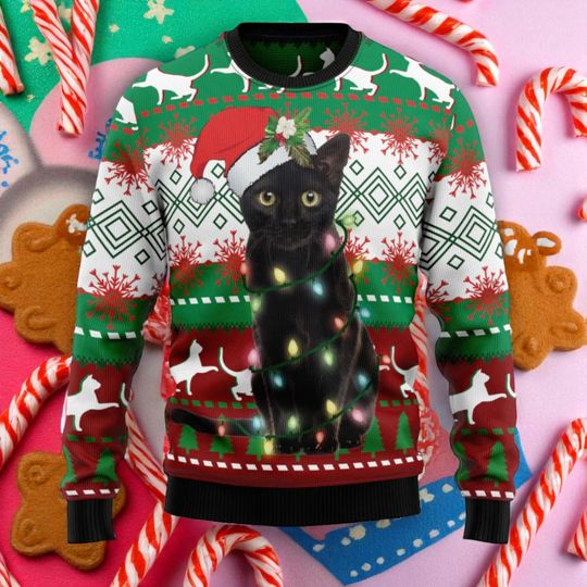Discover Soft black cat ugly Christmas sweater, cat in Christmas hat sweater, holiday sweater