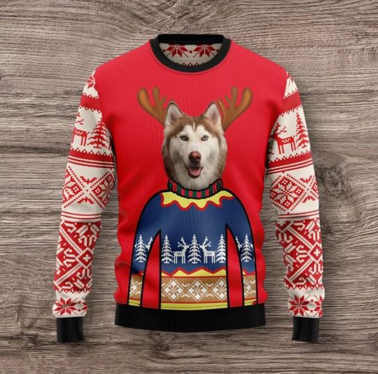 Discover Dog Face Ugly Christmas Sweater, Deer Horn Dog Print Sweater, Christmas Sweater, Christmas Pullovers