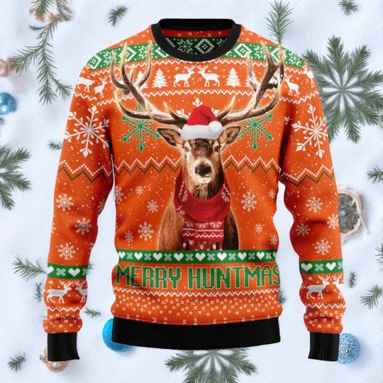 Discover Merry deer ugly christmas sweater, christmas deer, christmas sweater with deer in hat