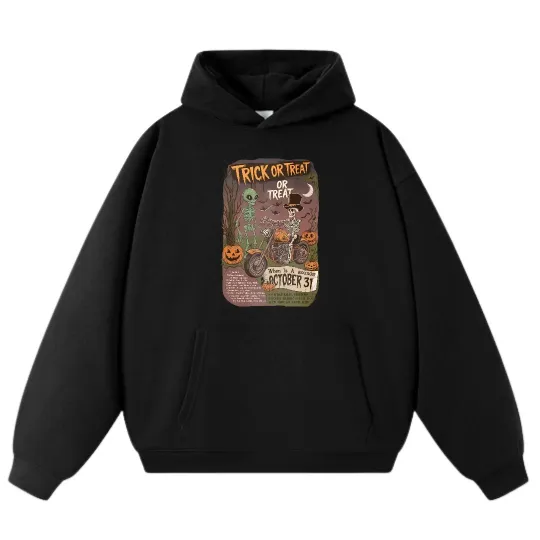 Discover Halloween"Trick or Treat"Cartoon Hoodie,Unisex Casual Loose Sweatshirt