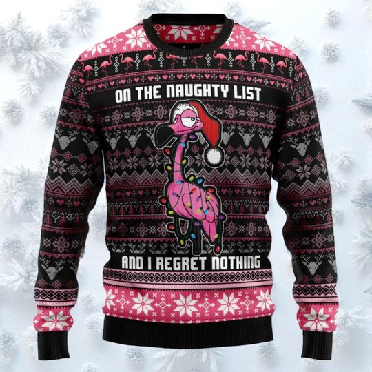Flamingo Ugly Christmas Sweater with Naughty List and Christmas Hat
